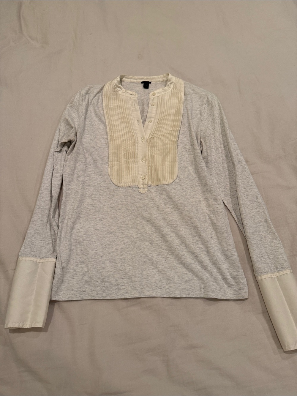 J. Crew Light Gray Long Sleeve Top with Cream Bib and Cuffs